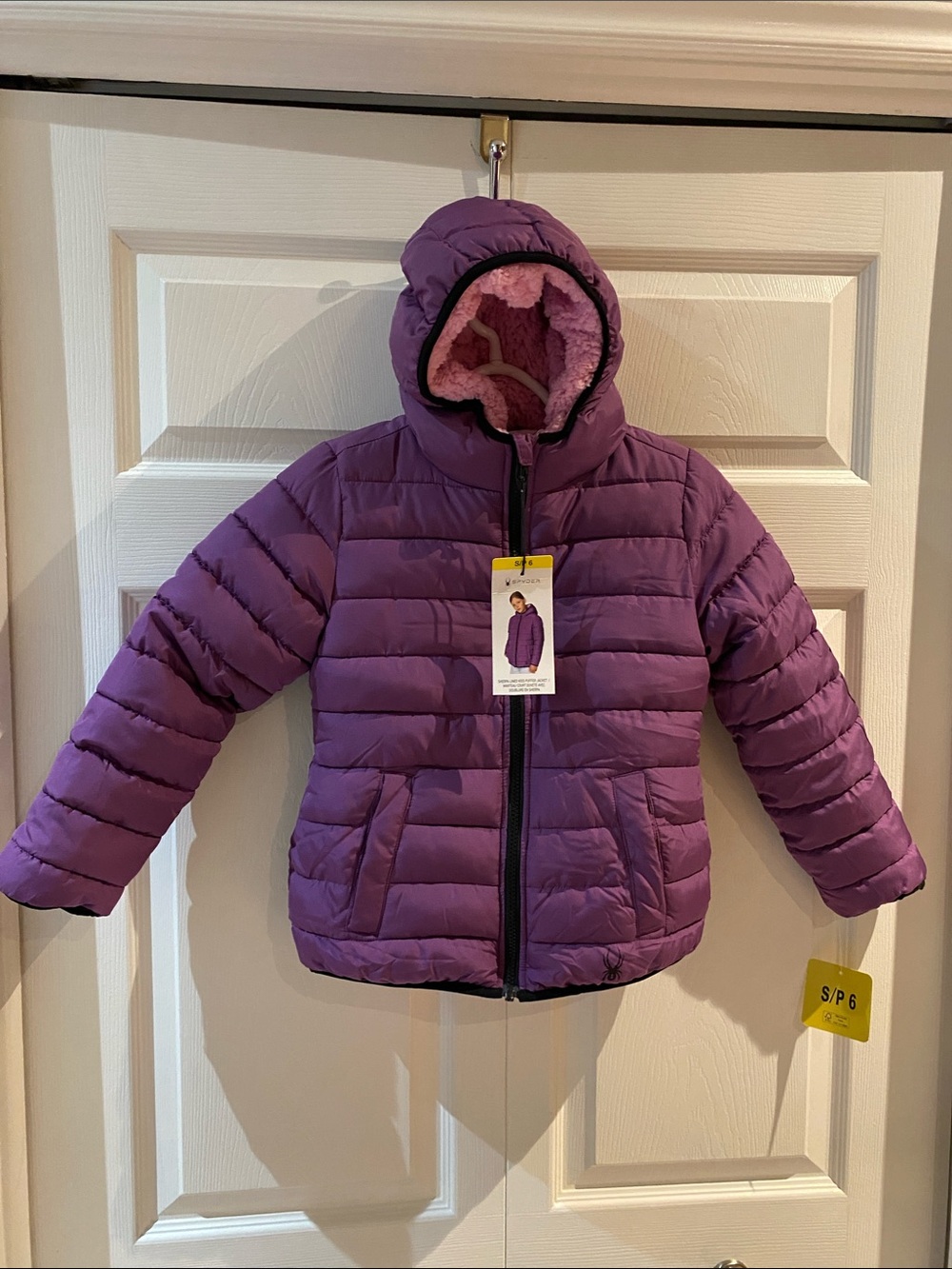 Spyder Girls' Purple Hooded Puffer Winter Jacket Coat with Sherpa Lining Size 6
